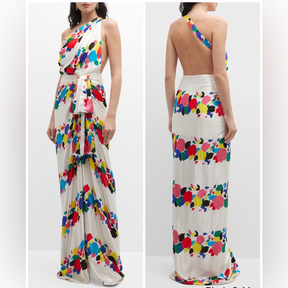 RAISA VANESSA Floral Print One-Shoulder Gown Maxi Embellished Dress